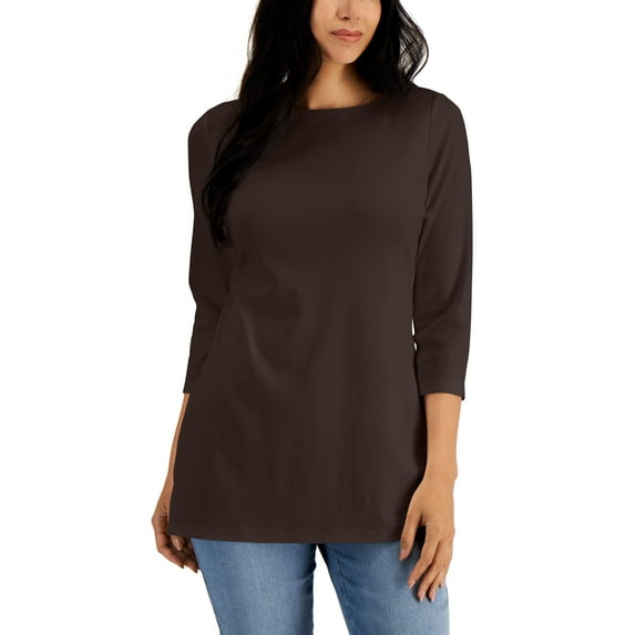 Boat-Neck 3/4-Sleeve Top Chocolate M