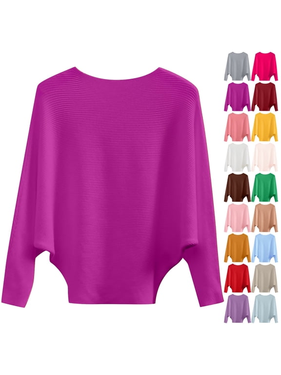 Boat Neck Batwing Sleeves Dolman Knitted Sweaters and Pullovers Tops for Women,Ribbed Knitted Pullovers,Crewneck Sweaters,Lightweight Oversized Spring Fall Casual Flowy Sweaters Dark Purple S