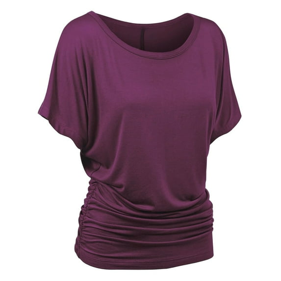 Boat Neck Dolman Top for Women, Short Sleeve, Solid Color, with Side Shirring Detail