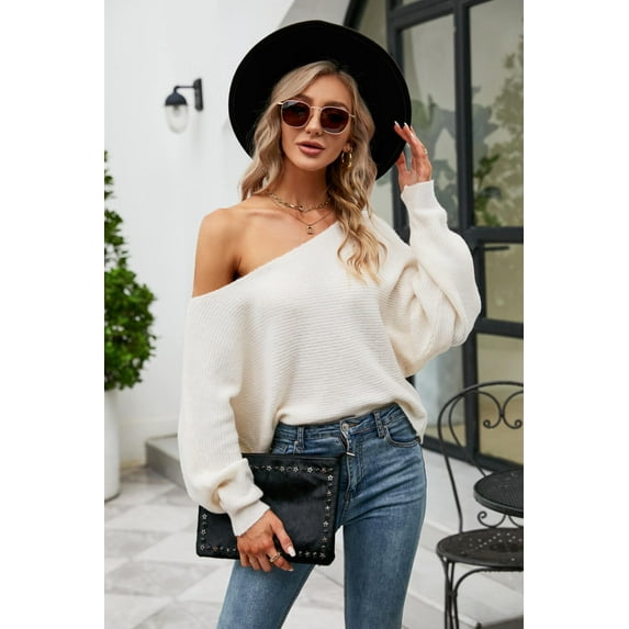Boat Neck Horizontal Ribbing Dolman Sleeve Sweater