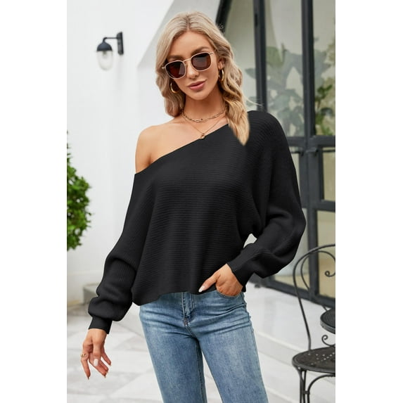 Boat Neck Horizontal Ribbing Dolman Sleeve Sweater