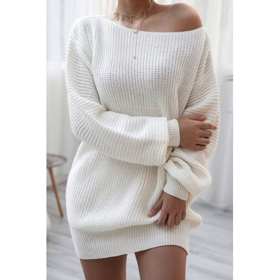Boat Neck Long Sleeve Mini Sweater Dress - Stylish Comfortable