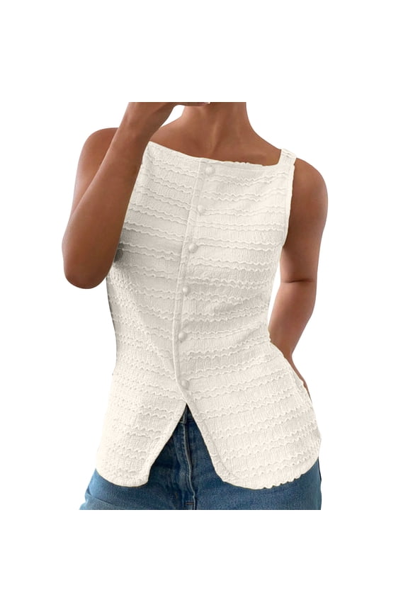 Boat Neck Sleeveless Top for Women Side Slit Hem Casual Blouse Loose Fit Tunic Shirt for Effortless Chic & Beach Cover Up Outfits