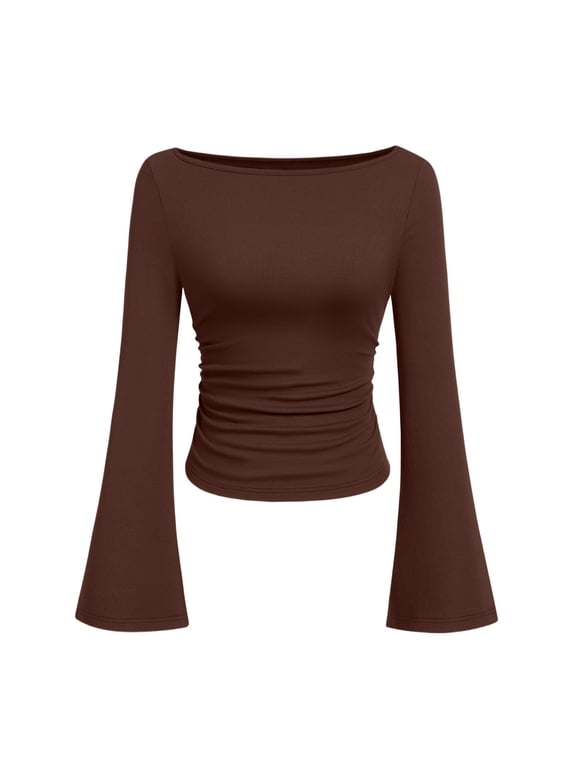 Boat Neck T-Shirt for Women Long Sleeve Bell Sleeve Ruched Fitted Solid Top Trendy Fall Casual Blouse for Everyday Wear Brown M