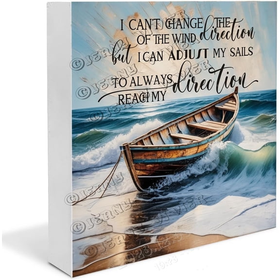 Boat Ocean Sunrise Beach Wave Reach My Destination Wooden Box Sign Inspirational Quote Gifts For Best Friends Wood Block Signs For Shelf Desk Decoration 7x7 in