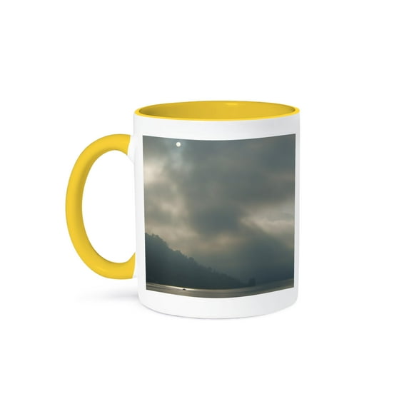 3dRose, Boat on Lake Lucern Moody landscape photography Ship grey gray clouds cloudy lighting misty dramatic, 15oz Two-Tone Yellow Mug