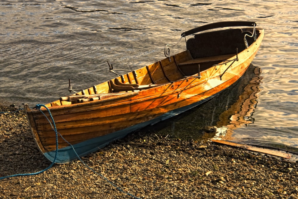 Boat On Shore Keswick Cumbria England Canvas Art - John Short Design Pics (34 x 22)