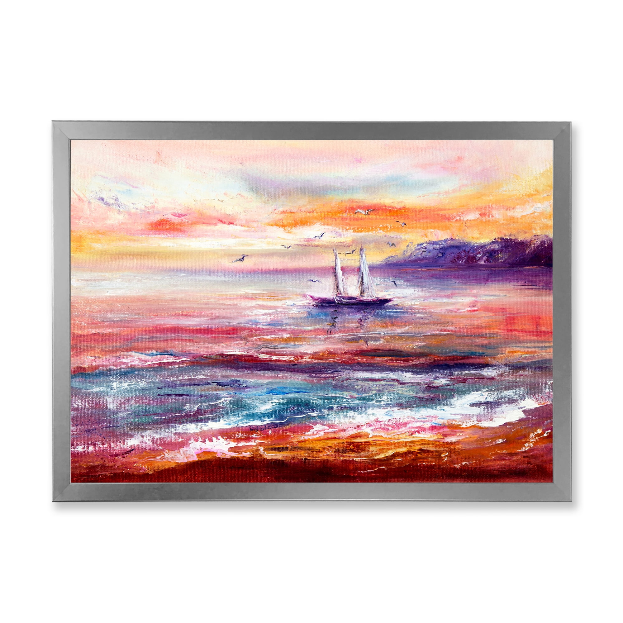 Boat On The Ocean During Vibrant Sunset Glow 20 in x 12 in Framed Painting Canvas Art Print, by Designart