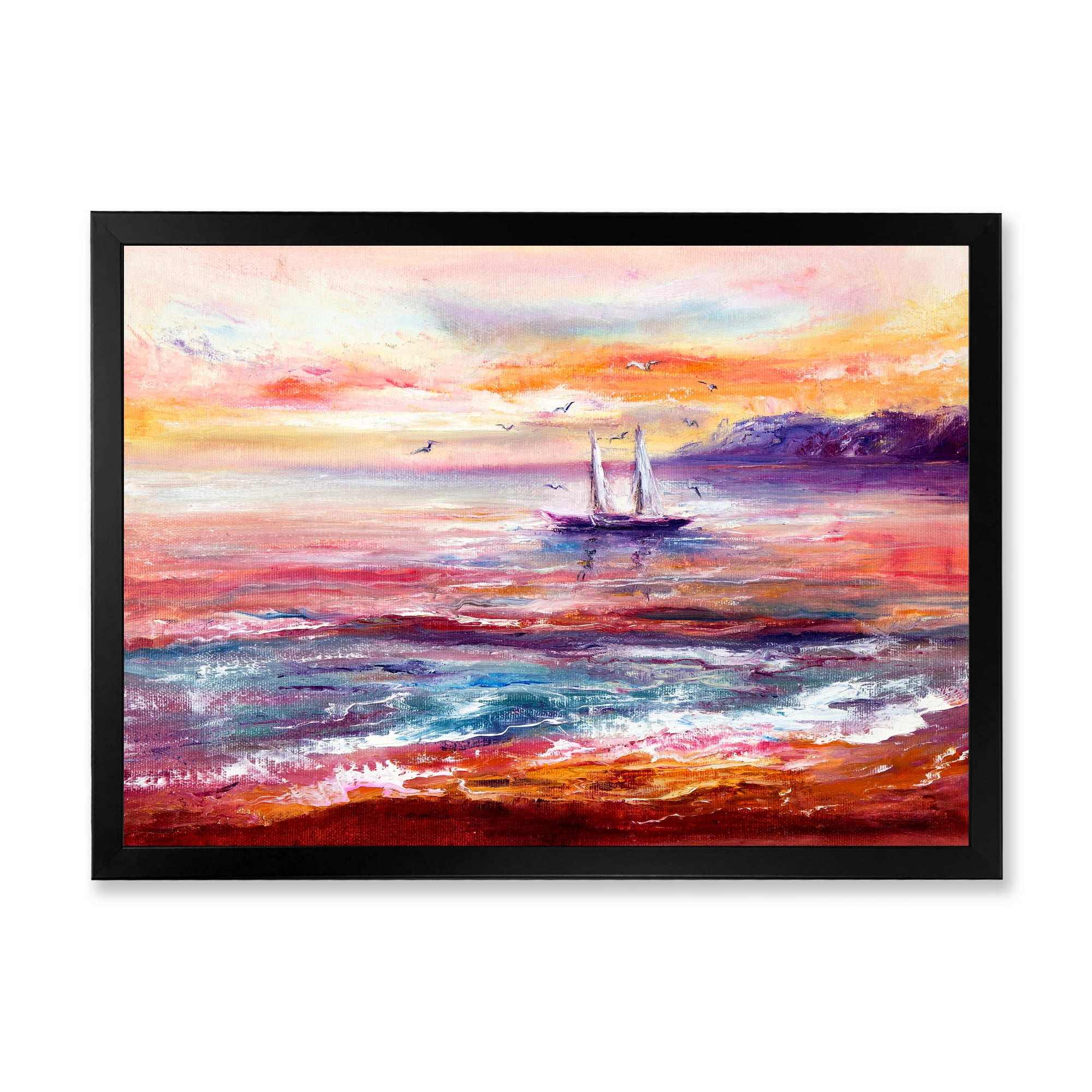 Boat On The Ocean During Vibrant Sunset Glow 32 in x 24 in Framed Painting Canvas Art Print, by Designart