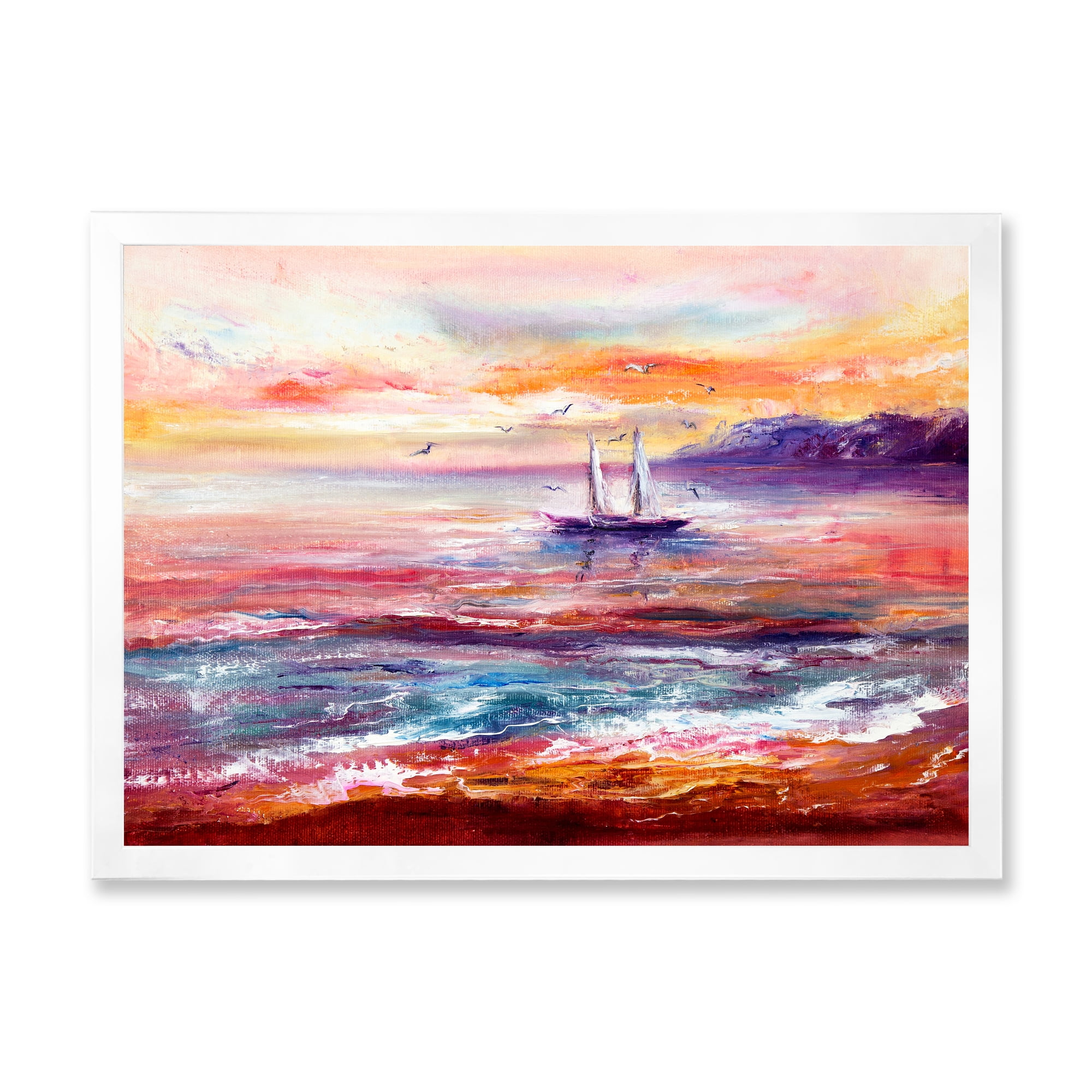 Boat On The Ocean During Vibrant Sunset Glow 40 in x 30 in Framed Painting Canvas Art Print, by Designart