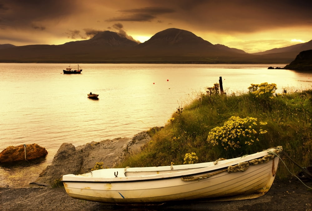 Boat On The Shore At Sunset Island Of Islay Scotland Canvas Art - John Short Design Pics (34 x 22)