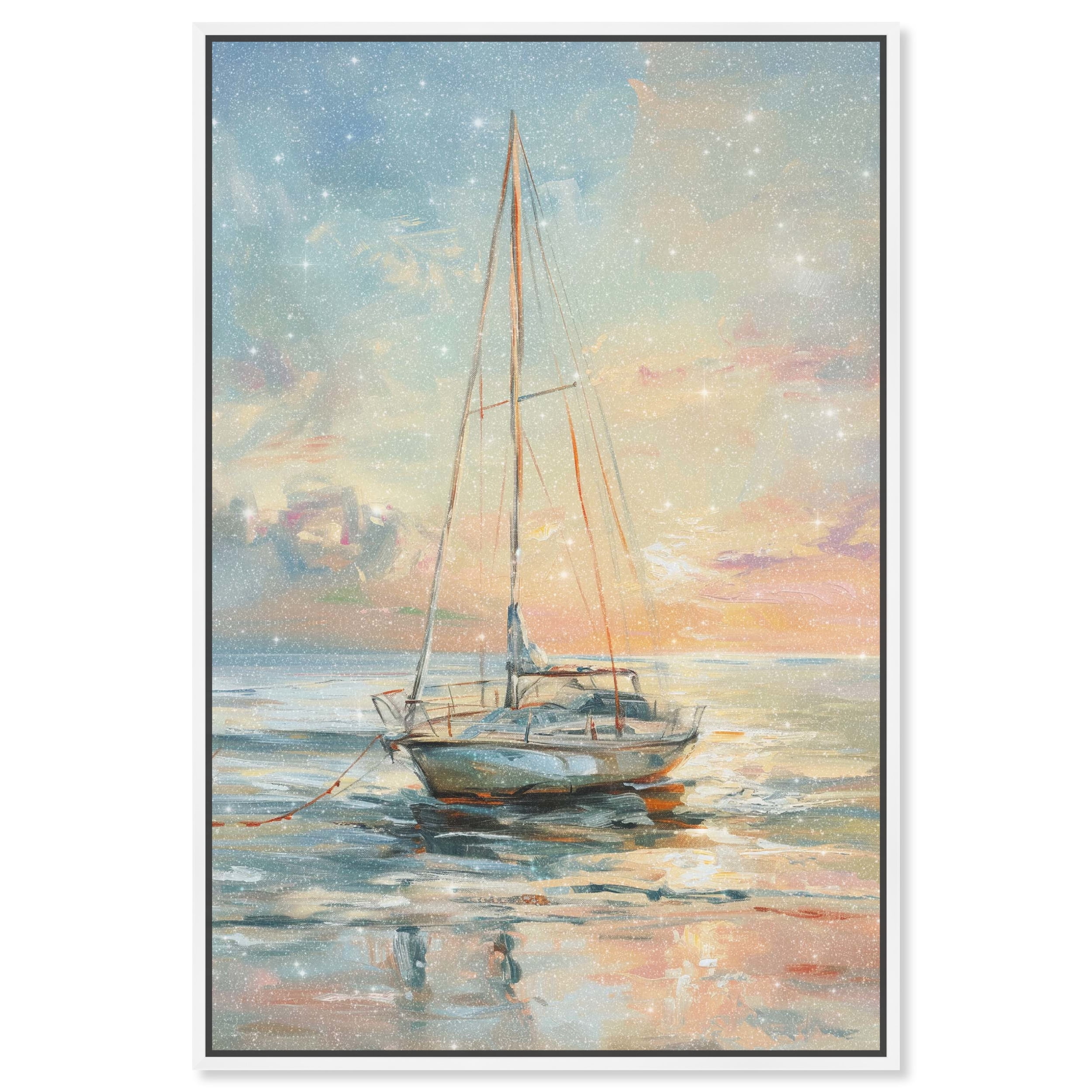 Boat on the Shore Sunset Canvas Wall Art with White Frame