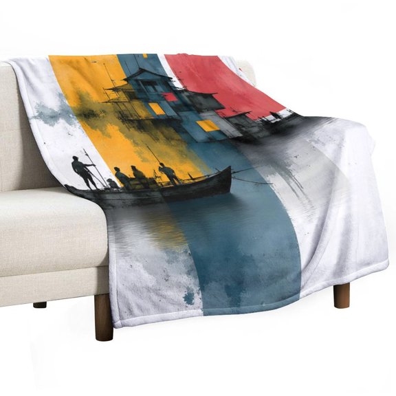 Boat Print Flannel Blanket Novelty Pattern Nap Blanket Sofa Room Office Soft Throw Blanket Outdoor Camping Warm Blanket