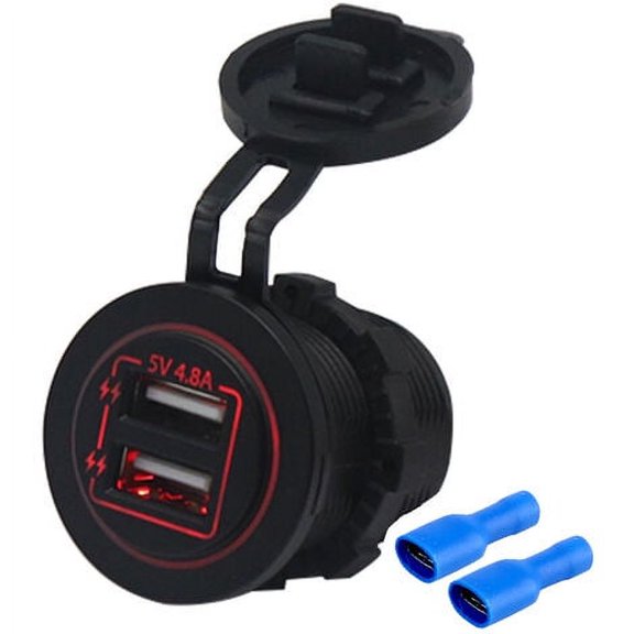 Boat, RV, ATV, Motorcycle, Marine Use, Red Waterproof Dual USB Car Socket, 4.8A/5V LED Indicator for 12/24V Vehicles