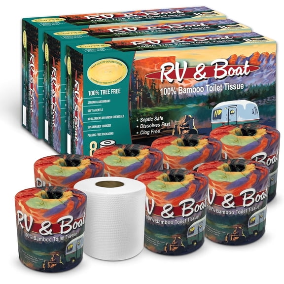 Boat & RV Toilet Paper, Toilet Paper for Marine, Homes and Travel Camper Use, Rapid Dissolve, Septic Safe, Plastic Free Packaging, 308 2-Ply Sheets per Roll (24 Compact Rolls)
