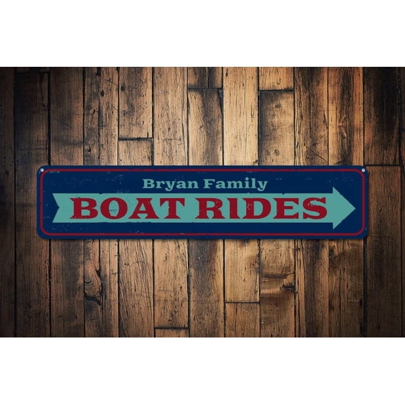 Boat Rides Sign Directional Arrow Sign Custom Family Name Sign Metal Beach House Decor - Boat Decorations - Size: 16 x 4 Inches