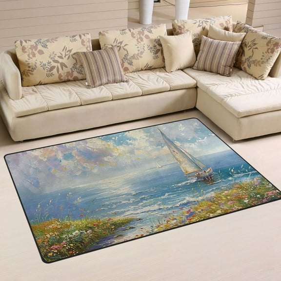Boat Sea Flowers Grass Area Rug Washable Floor Carpet Mat 60 x 39 inch for Bedroom Living Room Kids Room Home Decor