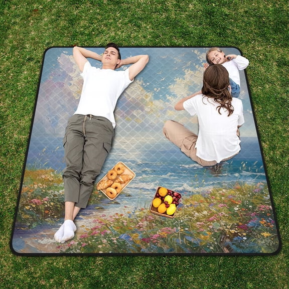 Boat Sea Flowers Grass Beach Blanket Outdoor Picnic Blanket 78"x 78" Waterproof Foldable for Beach Camping Travel Hiking Grass Lawn Park