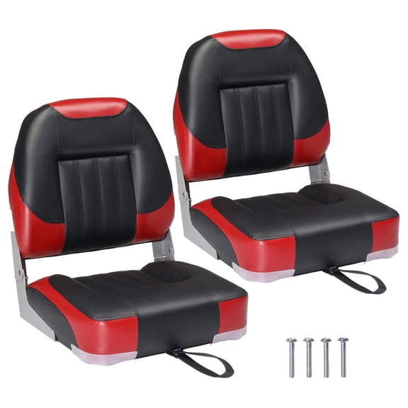 Boat Seats Low/High Back, Folding Boat Seats Included, Fold-Down Fishing Boat Seats Waterproof Captain Boat Seat w/Aluminum Hinges & Thick Soft Cushion, 2 Packs (Low Back-Red & Black)