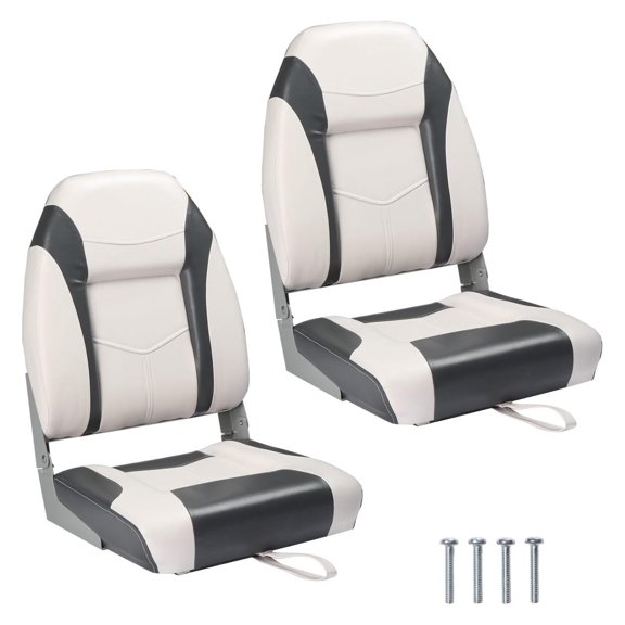 Boat Seats Low/High Back, Folding Boat Seats Included, Fold-Down Fishing Boat Seats Waterproof Captain Boat Seat w/Aluminum Hinges & Thick Soft Cushion, 2 Packs (High Back-Grey & White)