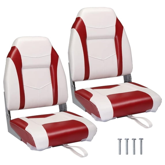 Boat Seats Low/High Back, Folding Boat Seats Included, Fold-Down Fishing Boat Seats Waterproof Captain Boat Seat w/Aluminum Hinges & Thick Soft Cushion, 2 Packs (High Back-Red & White)