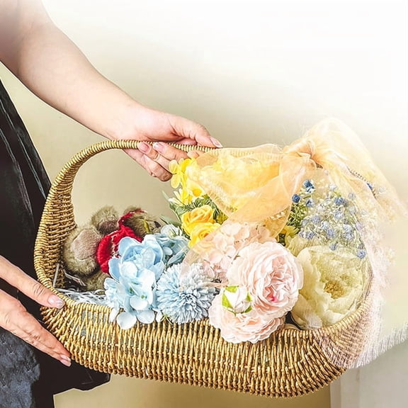 Boat Shaped Plastic Woven Gift Basket with Handles, Decorative Picnic Hamper for Fruit, Flowers, Grocery, Home Storage  Handmade Wicker Look