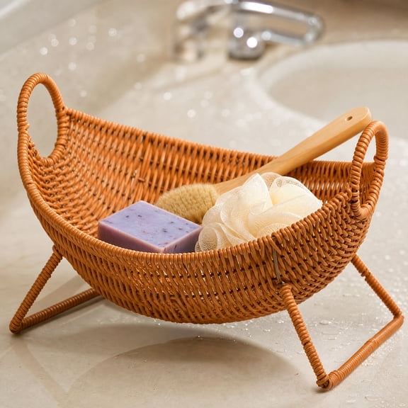 Boat Shaped Plastic Woven Style Fruit Storage Basket, Decorative Vessel Organizer Bin for Supermarket Display Snack Household Items Bathroom Living Room Home Organization, Brown