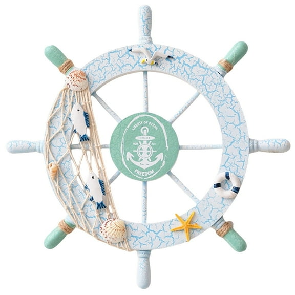 Boat Ship Steering Wheel with Fish Net and Shell Accents, Charming White Wall Decor for Beach-Inspired Home, Wood