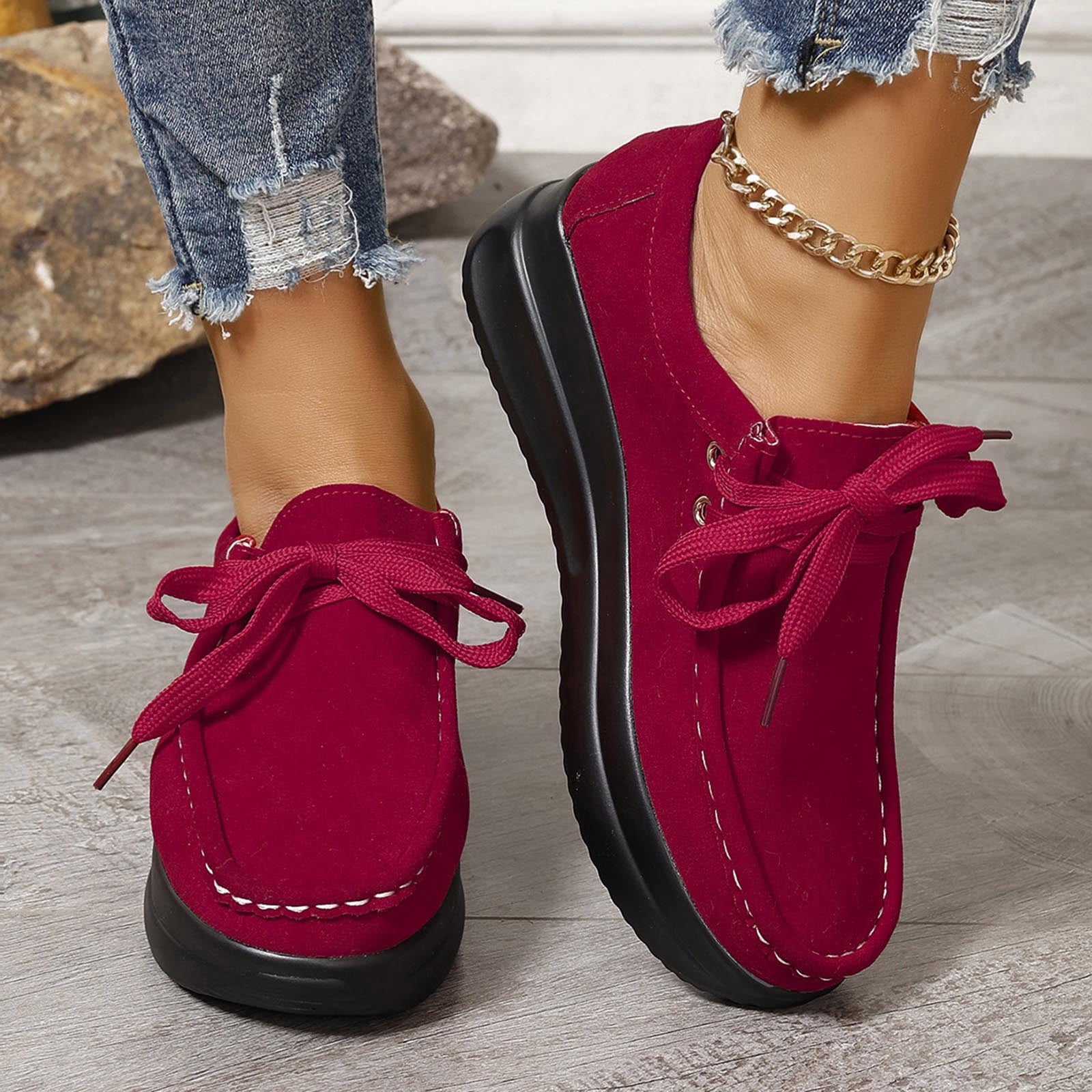 Boat Shoes Women Lace Up Stitching Suede Boat Shoes Platformed Thick ...