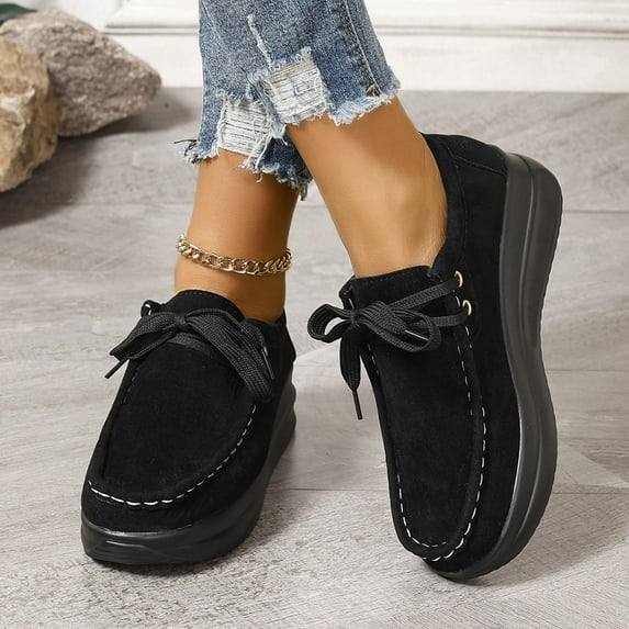 Boat Shoes Women Lace Up Stitching Suede Boat Shoes Platformed Thick Chunky Sole Closed Toe Boat Shoes Walking Office Travel Casual Outfits