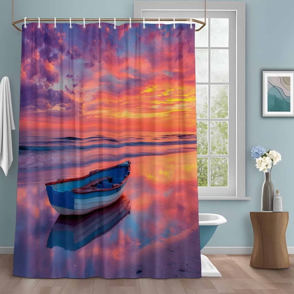 Boat Shower Curtains for Bathroom, Country Gradient Purple Yellow Sunset Ocean Boat Washable Fabric Shower Curtain with Hooks Waterproof Bathroom Decor Sets, 72 x 84 Inches