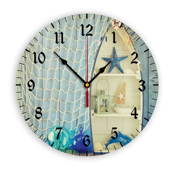 Boat Standing against the Wall Wall Clock, Battery Operated, PVC Round Silent Non-Ticking Clock with Clear Numbers for Living Room, Kitchen, Bedroom, Office, School Decor 10inch-25cm