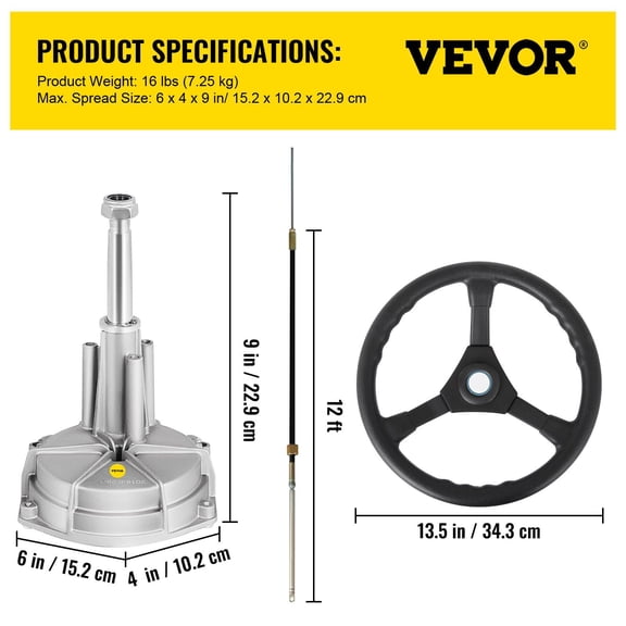 Boat Steering System Kit - 12' Mechanical Rotary Cable & 13 Inch Wheel for Outboard Motors
