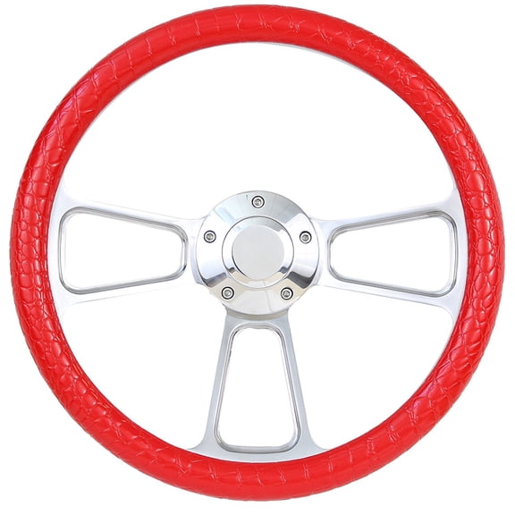 Boat Steering Wheel 14 Inch Aluminum With Textured Red Vinyl Half Wrap, Horn Button, and Installation Adapter