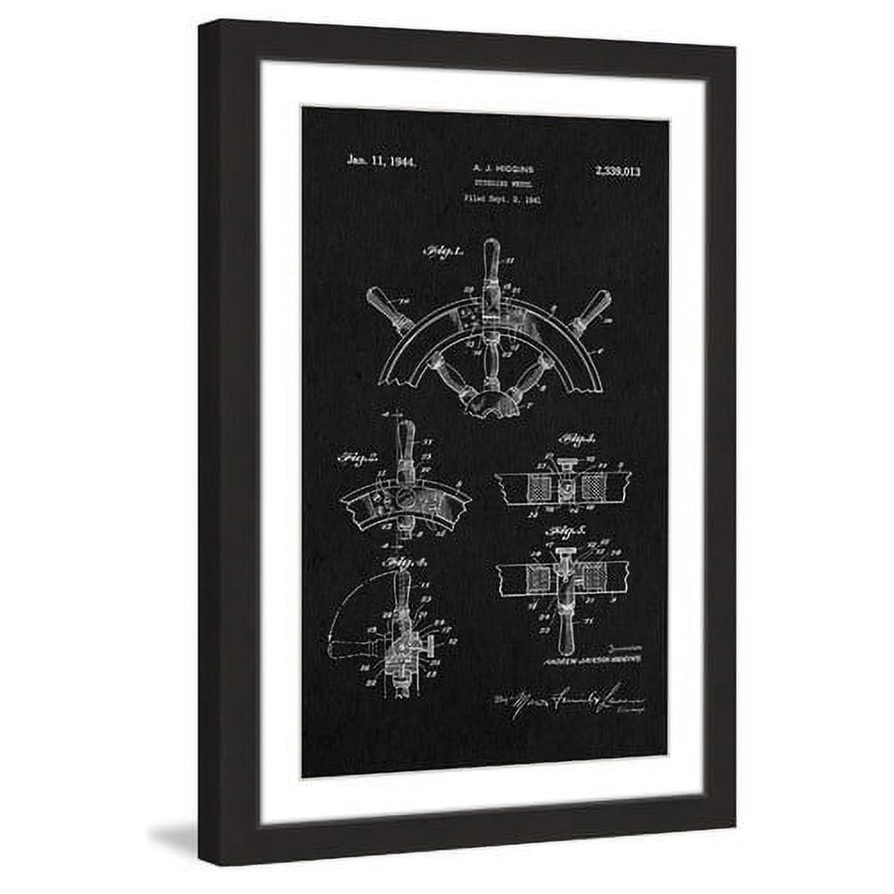 "Boat Steering Wheel 1941 Black Paper" Framed Painting Art Print, 24" x 1.5"
