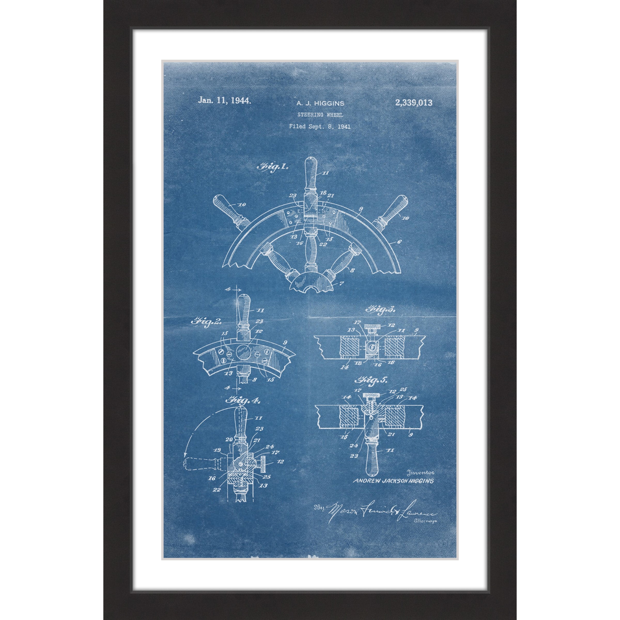 "Boat Steering Wheel 1941 Blueprint" Framed Painting Art Print