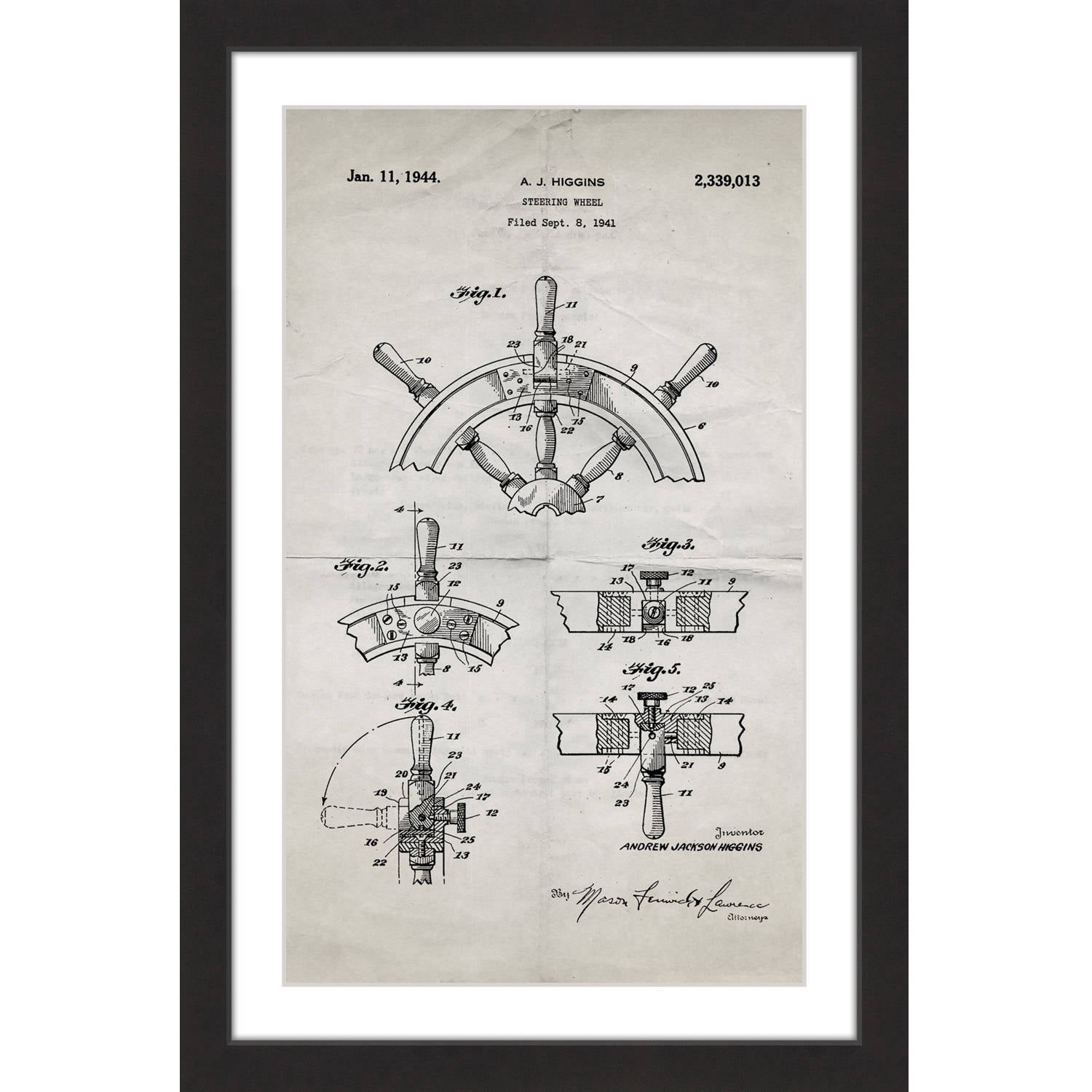 "Boat Steering Wheel 1941 Old Paper" Framed Painting Print