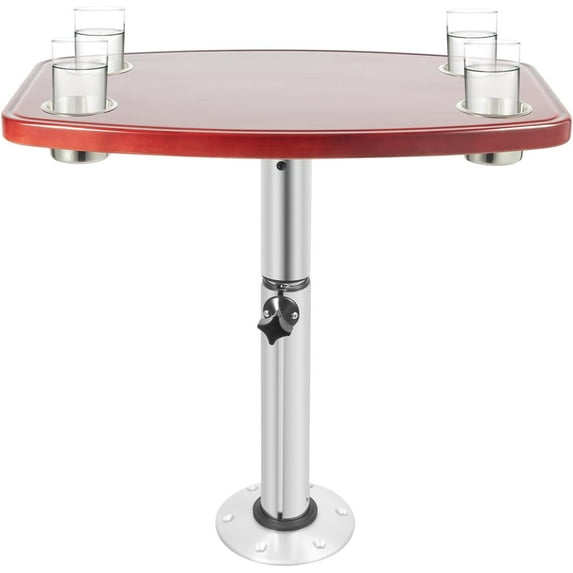 Boat Table, RV Table Top with 4 Cup Holders & Adjustable Height 22-28 Inch, Solid Wood Marine Table Removable Pedestal Base for Pontoon, Yacht, Caravan, Indoor RV Use