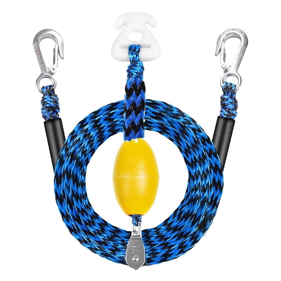 Boat Tow Harness for Tubing and Water Skiing, 17FT Y-Shaped Tow Rope with 360 Degree Rotating Pulley and Floating for Ring, 4800 Lbs Tensile Strength for Wakeboarding and Inflatable Rafts Blue Black