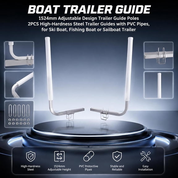 Boat Trailer Guide Poles, 60-inch Adjustable Steel Guide-Ons with PVC Pipes, 2 Pieces, for Ski Boat, Fishing Boat, Sailboat