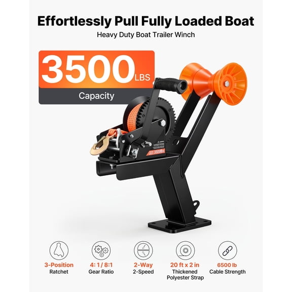 Boat Trailer Winch Stand with Roller, 3500 lbs, 20ft Orange Polyester Strap, Boat Winch Mount, for 2-3 Inches W x 3-4 Inches H Trailer Tongue, Fit for Jet Ski, Sailboat, Speedboat