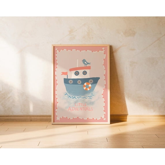 Boat Wall Art Nautical Coastal Nursery Blue Pink Stripes Unframed Paper ...