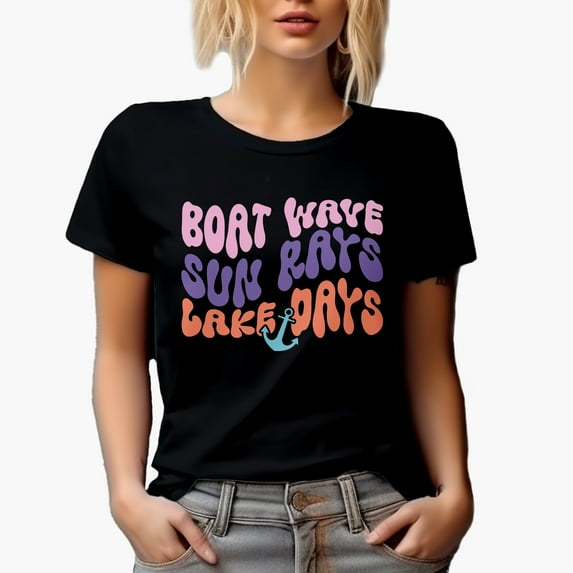 Boat Wave, Sun Rays, Lake Days, Retro Groovy Wavy Text Merch Gift, Black T-Shirt, Large