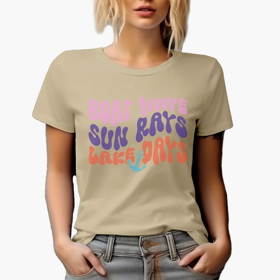 Boat Wave, Sun Rays, Lake Days, Wavy Text Art Merch Gift, Tan T-Shirt, Small
