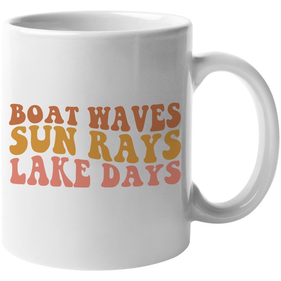 Boat Waves, Sun Rays, Lake Days, Summer Quote, Groovy Retro Wavy Text Merch Gift, White 11oz Ceramic Mug