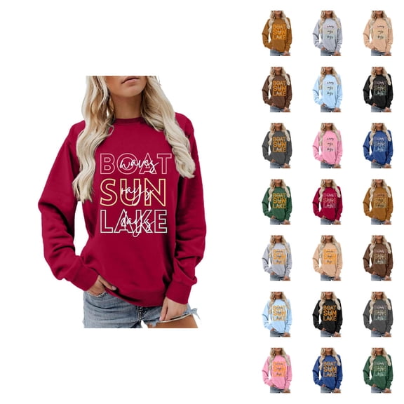 Boat Waves Sun Rays Lake Days Sweatshirts for Women Long Sleeve Crewneck Graphic Sweatshirt Pullover Tops
