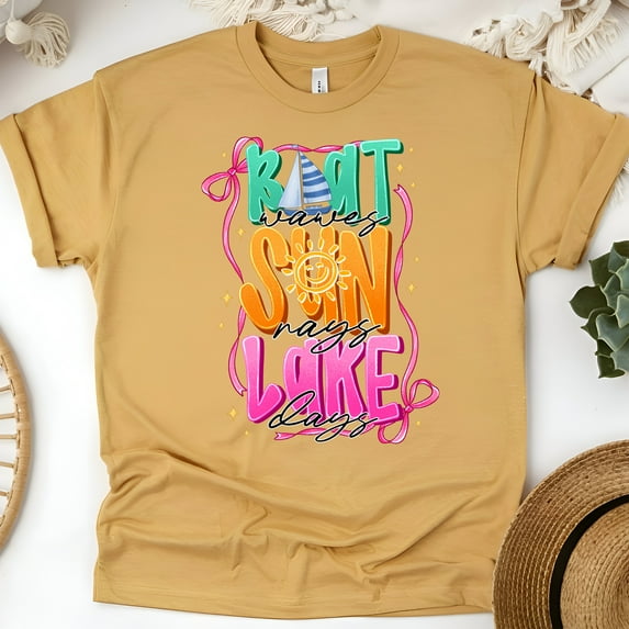 Boat Waves Sun Rays Lake Days T-Shirt – Summer Lake Life Tee for Boaters, Gold, Size 5XL
