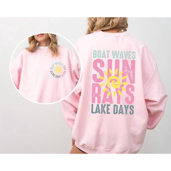 Boat Waves Sun Rays Sweatshirt: Retro Lake Life Sweater All Size S-5Xl
