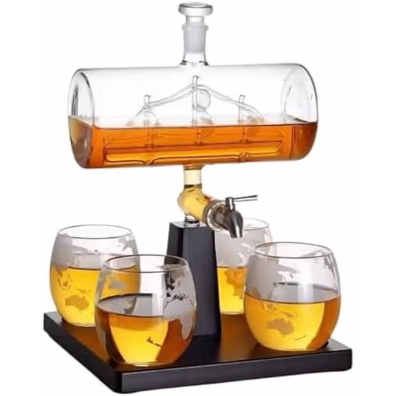 Boat Whiskey Decanter Set - Nautical Glass Decanter with Sailboat Design | Elegant Whiskey Gift Set with Glasses and Wooden Base | Perfect for Whiskey, Scotch, or Bourbon