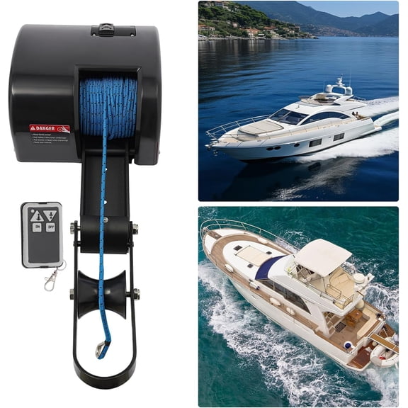 Boat Winch 35LBS Electric Anchor Winch with Remote Control, 100ft Nylon Rope 700lb Break Strength, 316 Stainless Steel, Corrosion-Resistant, DC12V for 24ft Boats